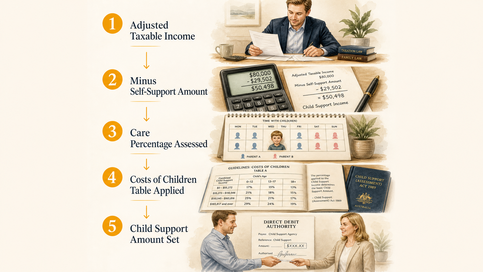 Step-by-step flow diagram illustrating the five core inputs to the Australian child support formula: income, self-support amount, care percentage, cost of children table, and change of assessment