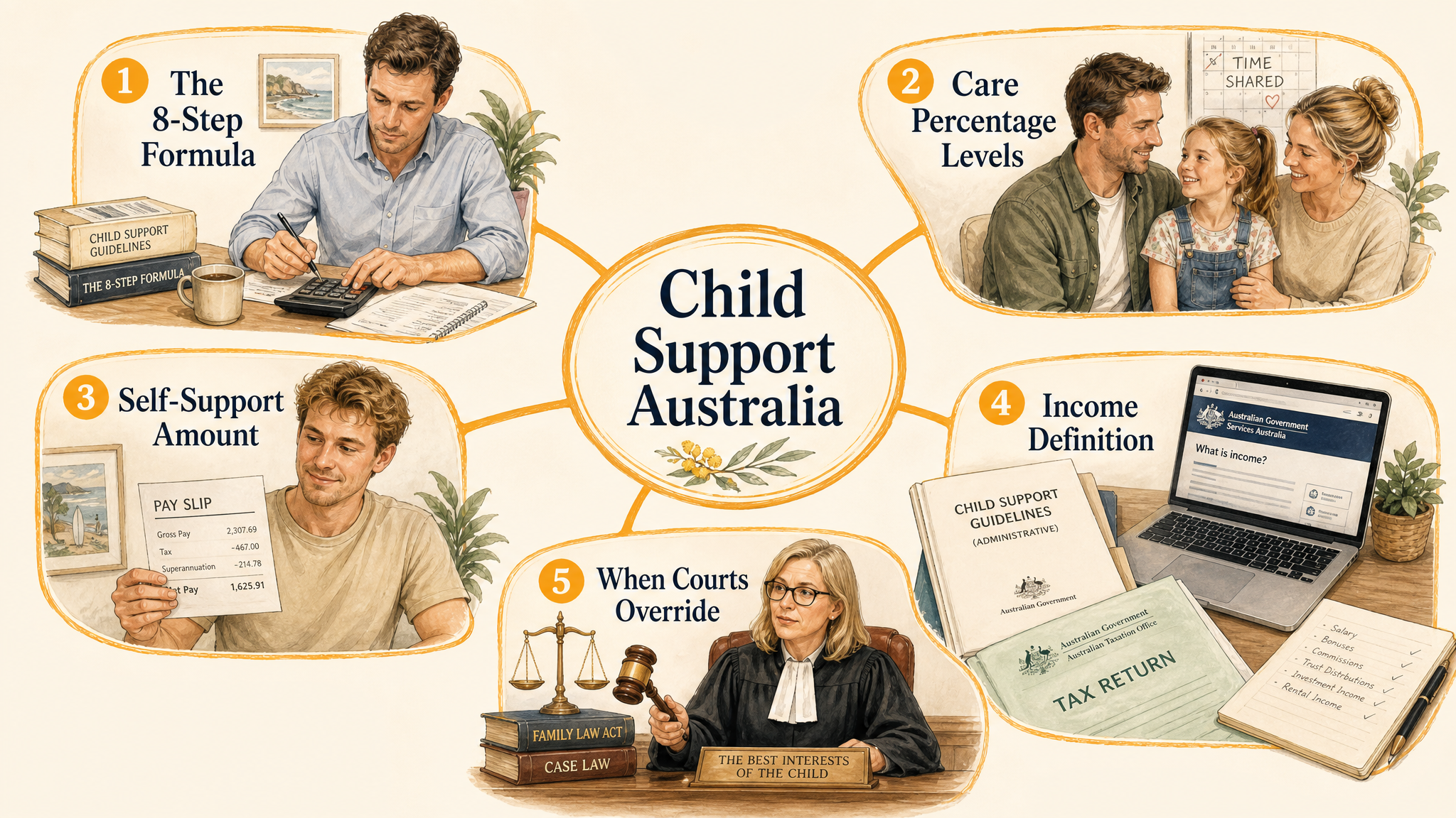 Illustrated mind map showing the five key areas of the Australian child support formula: the 8-step formula, care percentage levels, self-support amount, income definition, and when courts can override