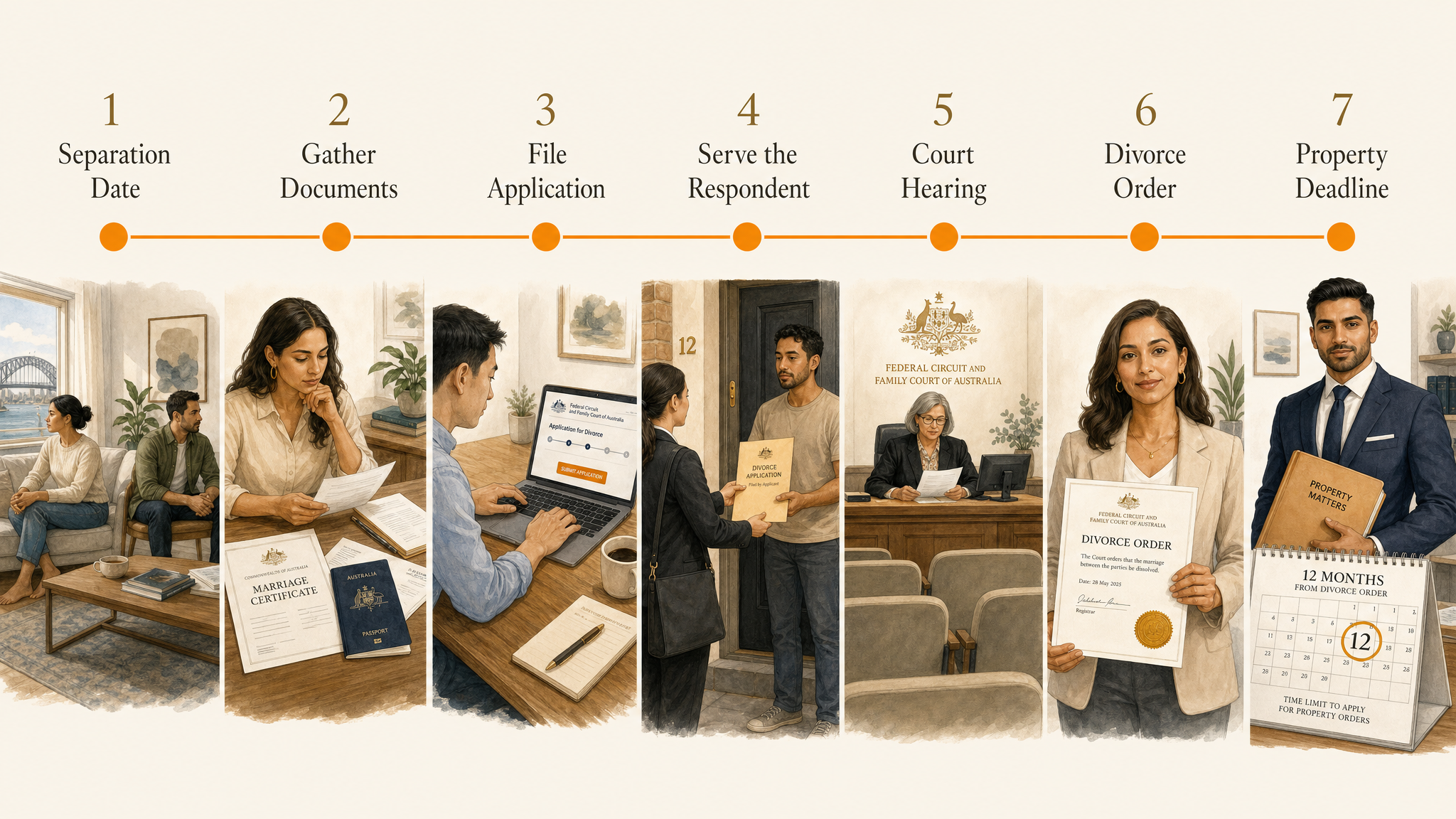 Illustrated horizontal timeline showing the 7 stages of getting a divorce in Australia, from separation date through gathering documents, filing, service, hearing, divorce order, and the 12-month property deadline