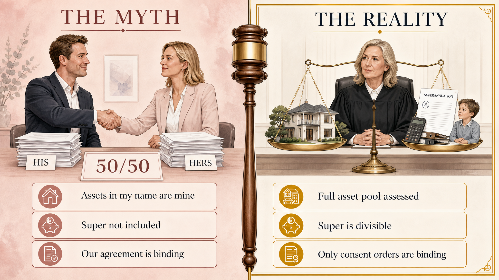 Split comparison diagram showing six common property settlement myths on the left versus the legal reality on the right, including the 50/50 myth, asset ownership, and superannuation