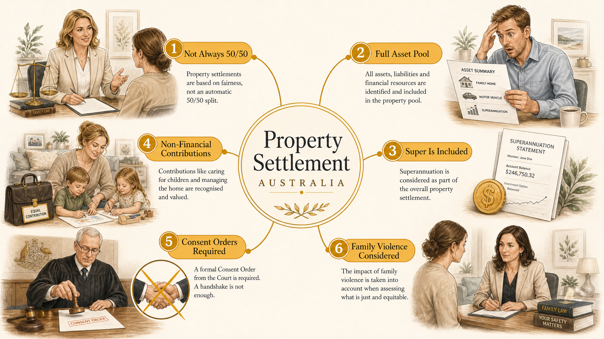 Illustrated mind map summarising the six key truths about property settlement in Australia, including the four-step framework, superannuation, contributions assessment, and the 2025 family violence reforms