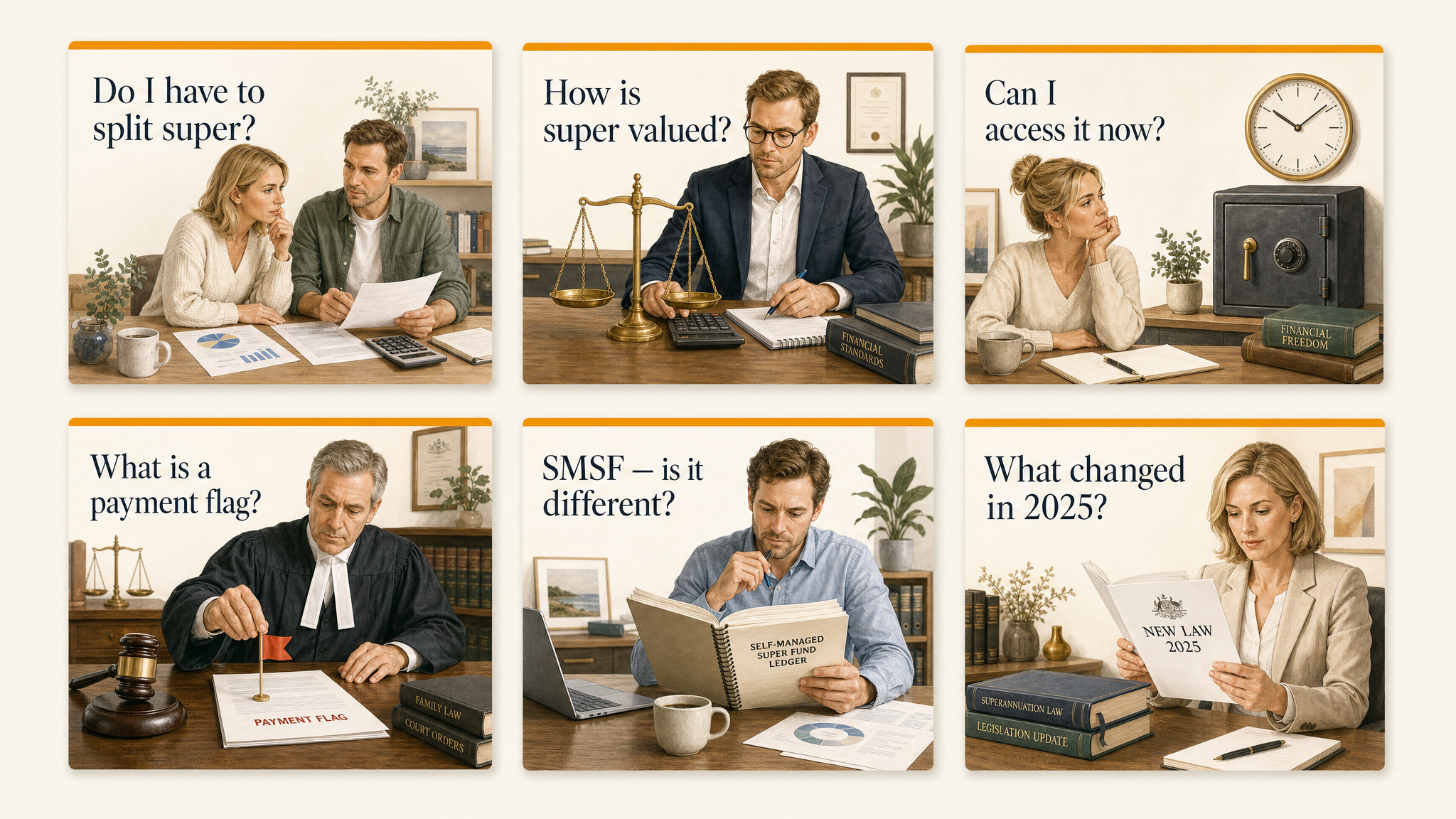 Card grid illustration showing six key questions about superannuation splitting in Australia, including whether you have to split super, how it is valued, whether you can access it now, what a payment flag is, SMSF differences, and 2025 law changes