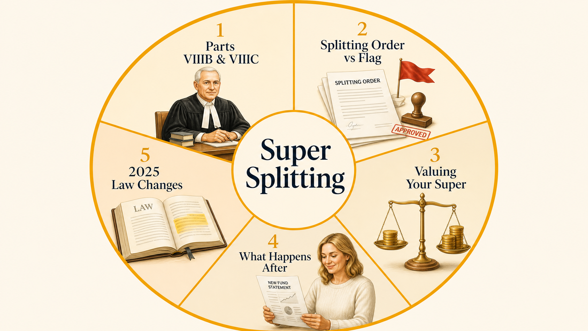 Illustrated concept wheel showing five key areas of superannuation splitting in Australia: Parts VIIIB and VIIIC of the Family Law Act, splitting orders versus payment flags, how super is valued, what happens after splitting, and 2025 law changes